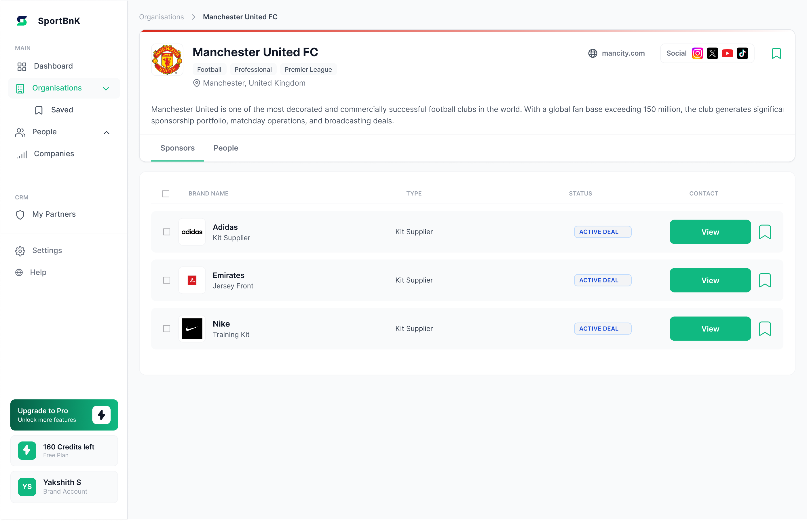 Organisation — Sponsors tab